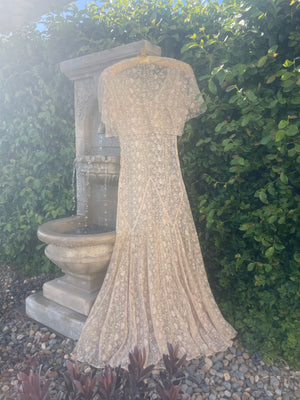 1930s Three Piece Ecru Tambour Lace Flutter Sleeve Gown