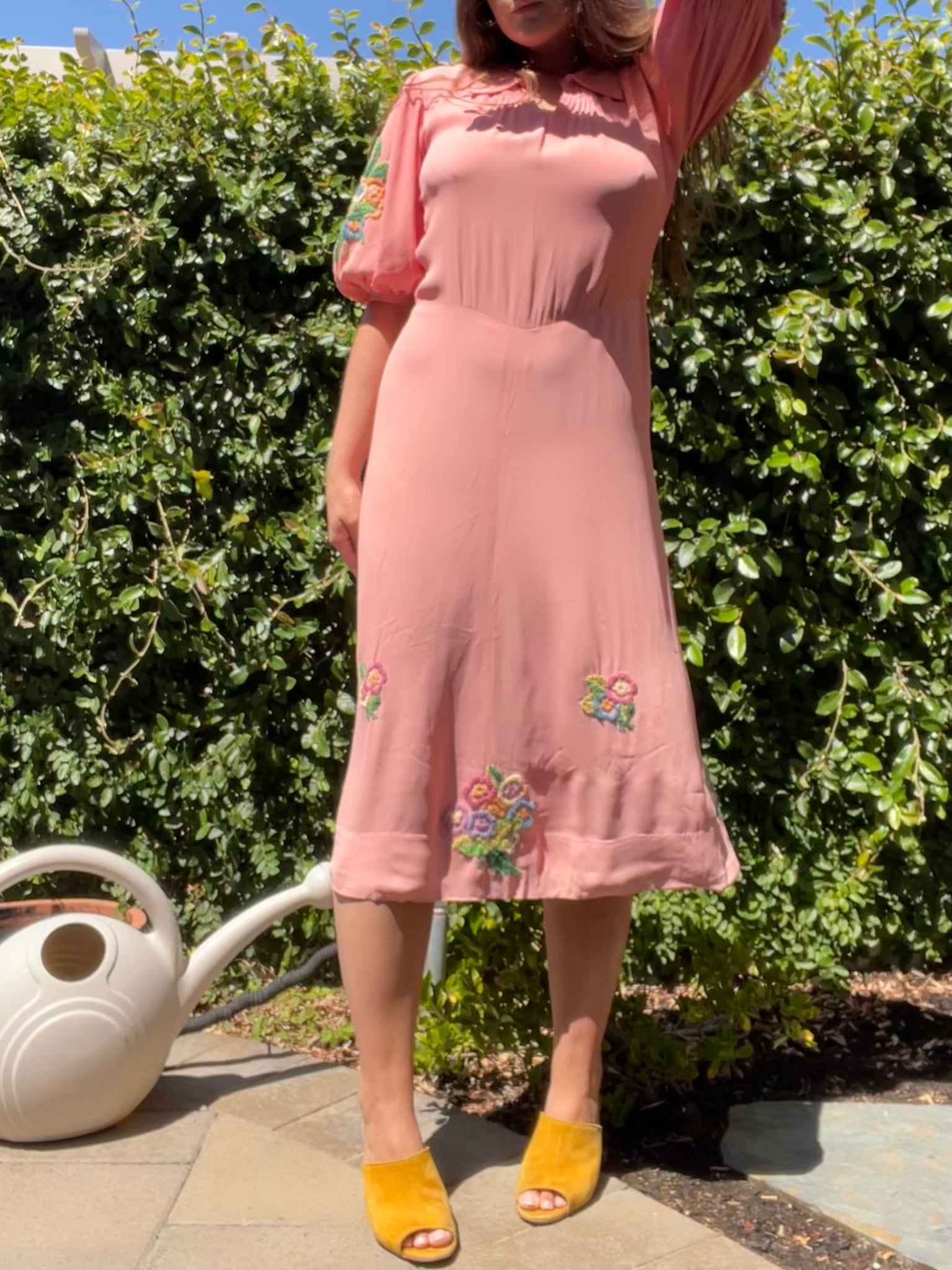 1930s Bubble Gum Pink Wool Embroidered Flower Basket Rayon Crepe Balloon Sleeve Dress