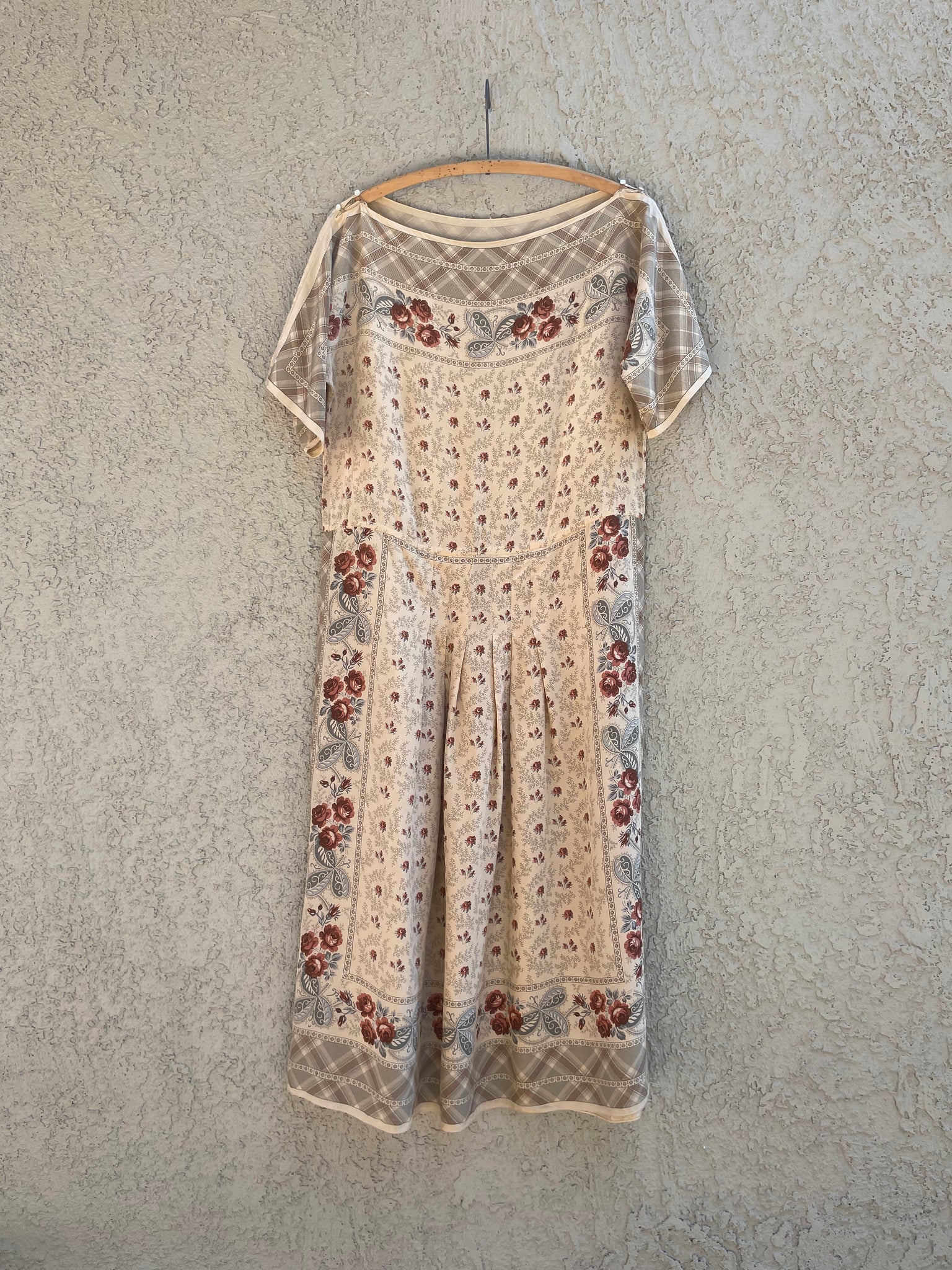 1960s Silk Floral Scarf Print Drop Waist Midi Length Dress