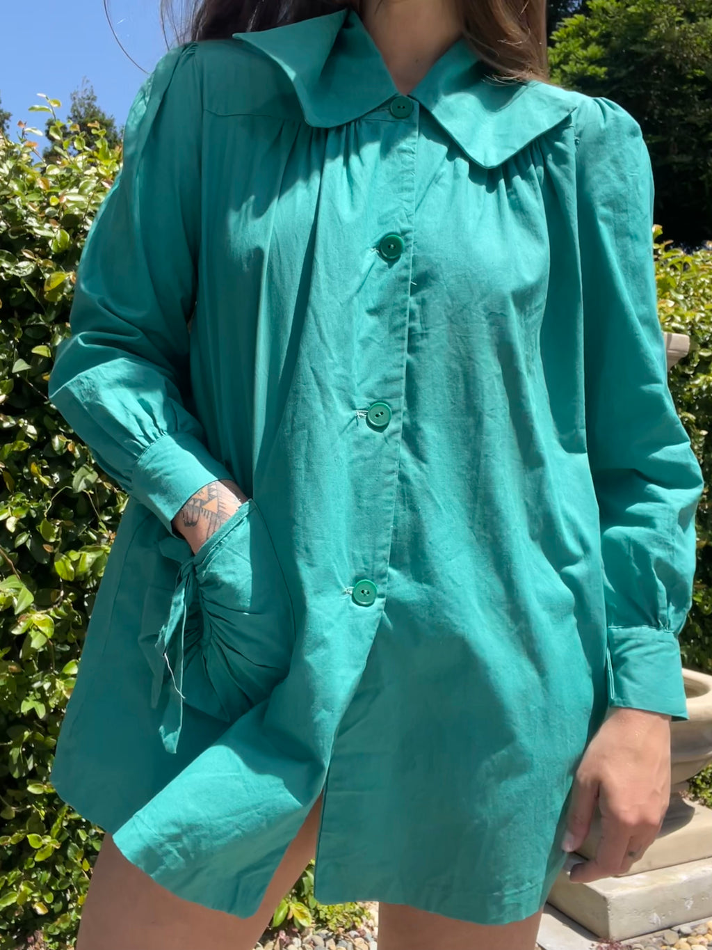 1930s Puff Sleeve Exaggerated Collar Jade Green Cotton Smock