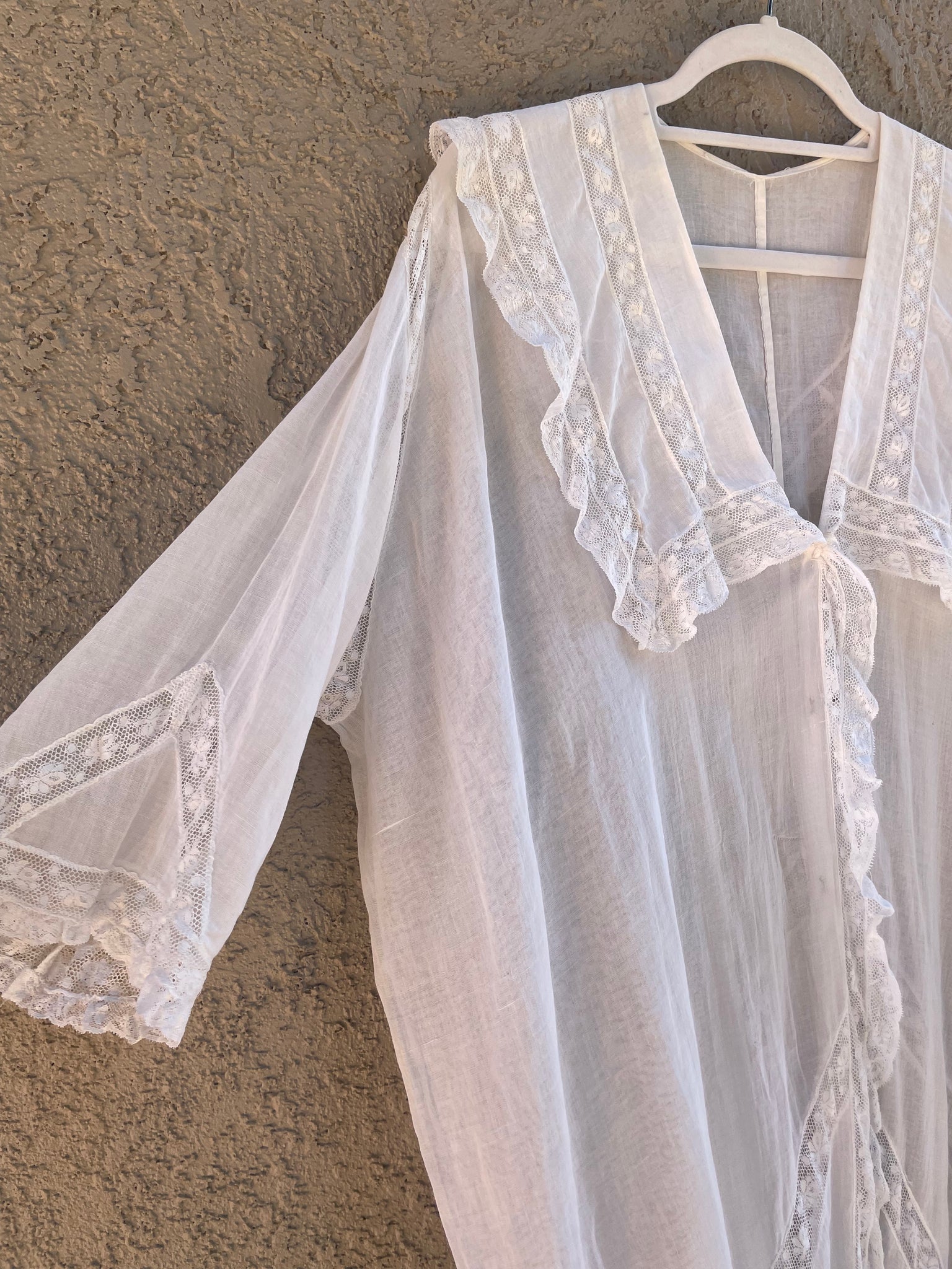 Antique 1910s Cocoon Style Cotton Voile & inset Lace Dressing Gown/ Peignoir