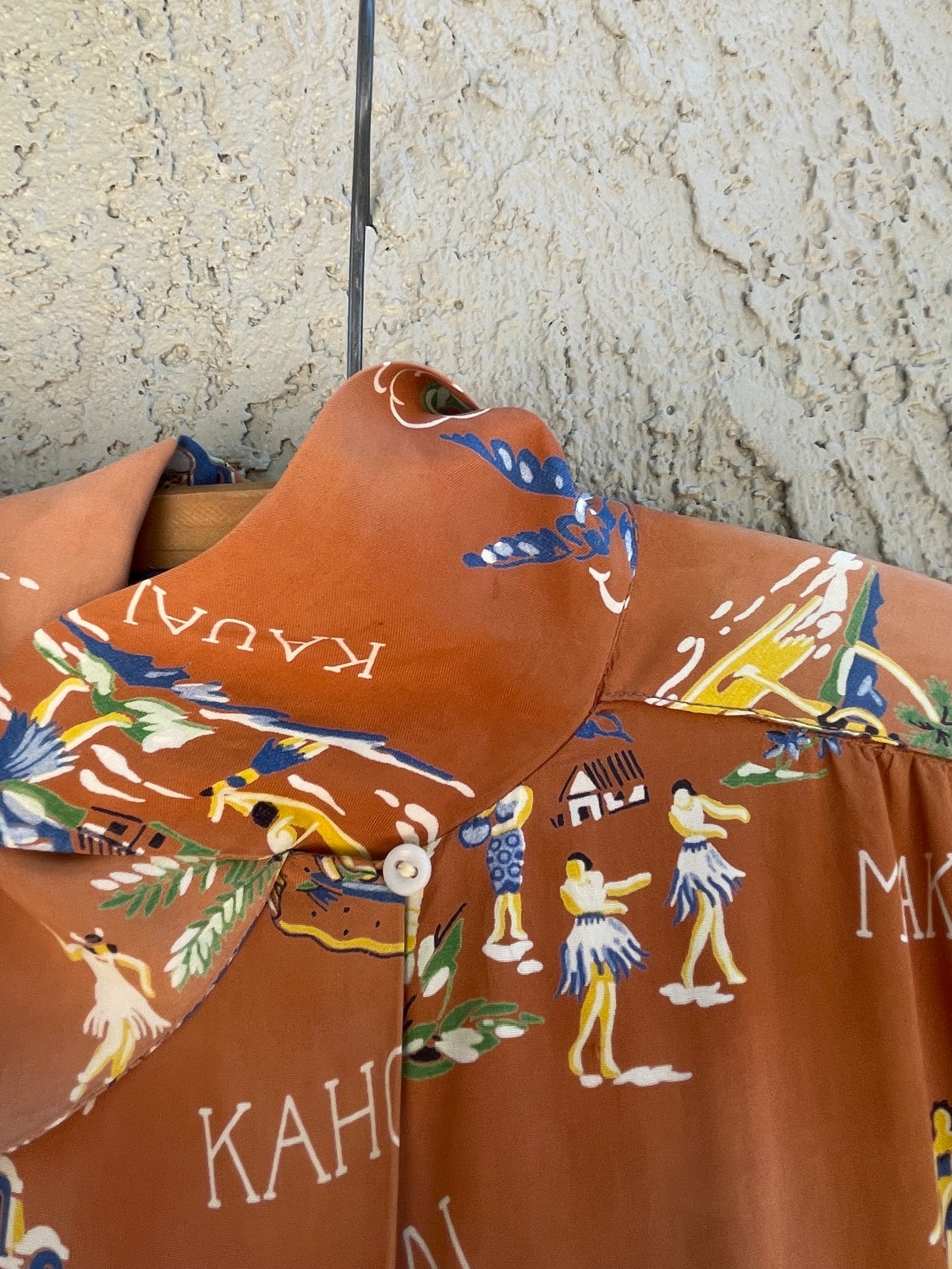 Rare Hawaiian Islands Cold Rayon Puff Sleeve Loop Collar Blouse