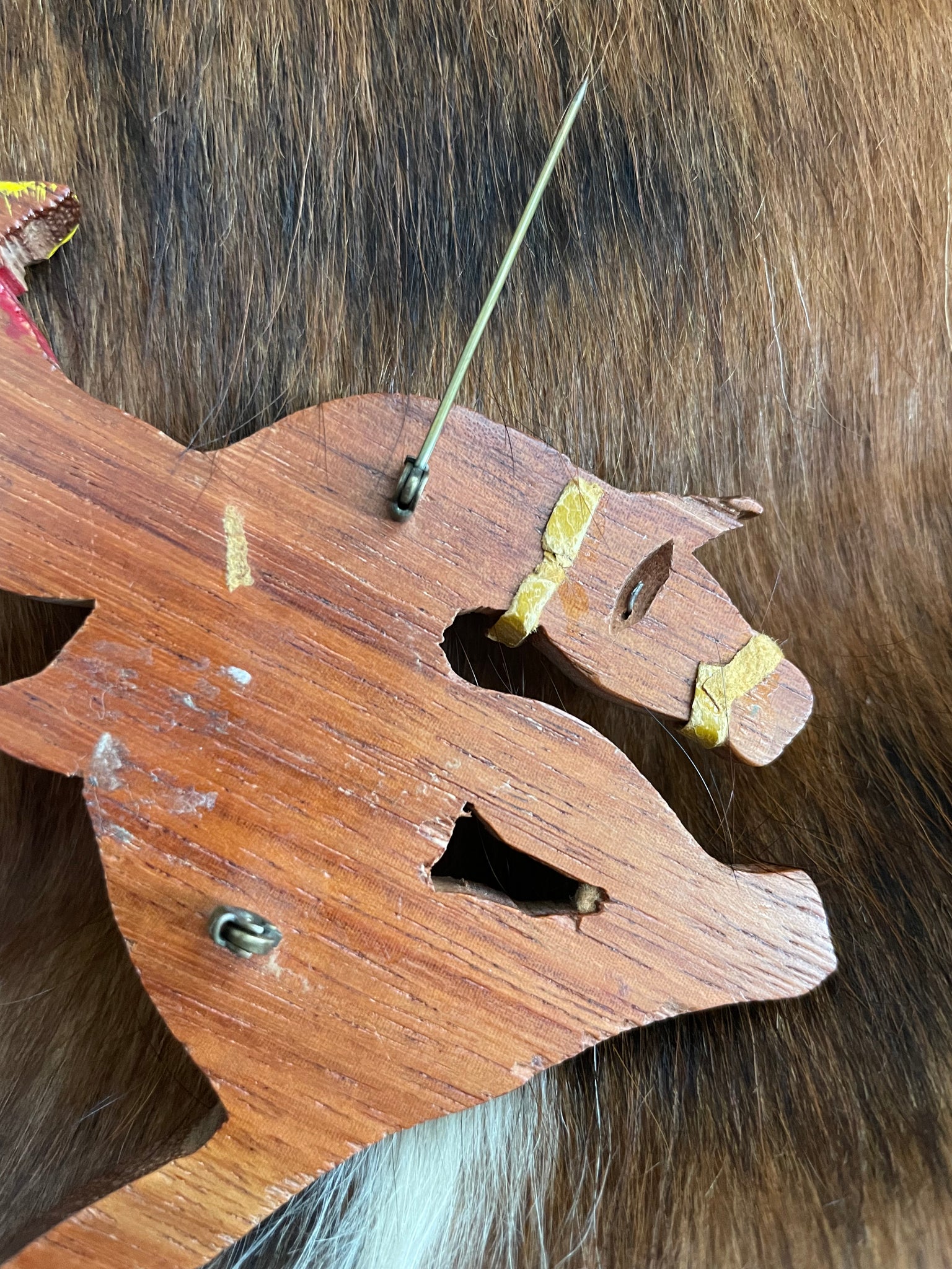 Huge 1940s Bucking Bronco Cowboy Carved Wood Pin