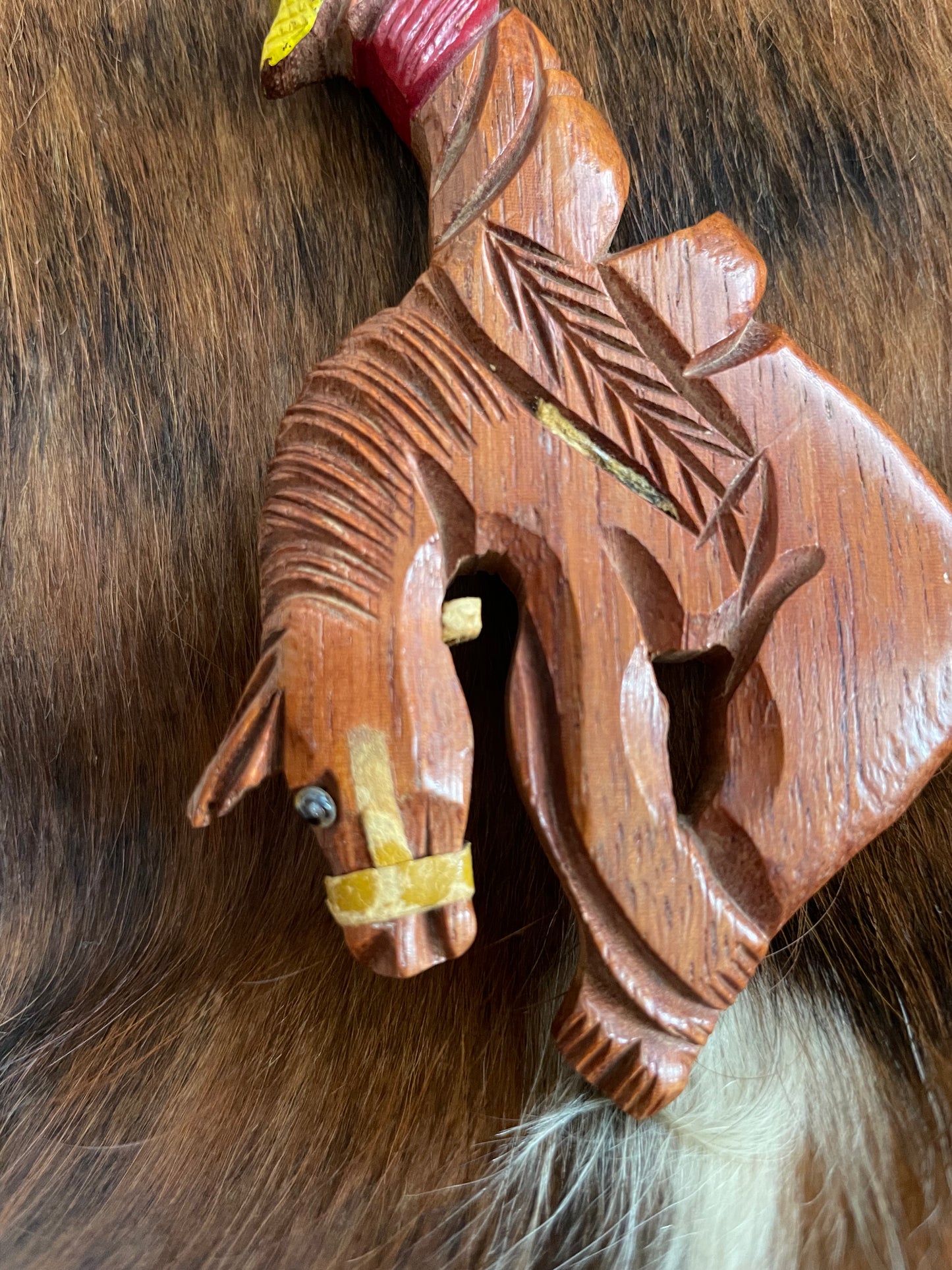 Huge 1940s Bucking Bronco Cowboy Carved Wood Pin