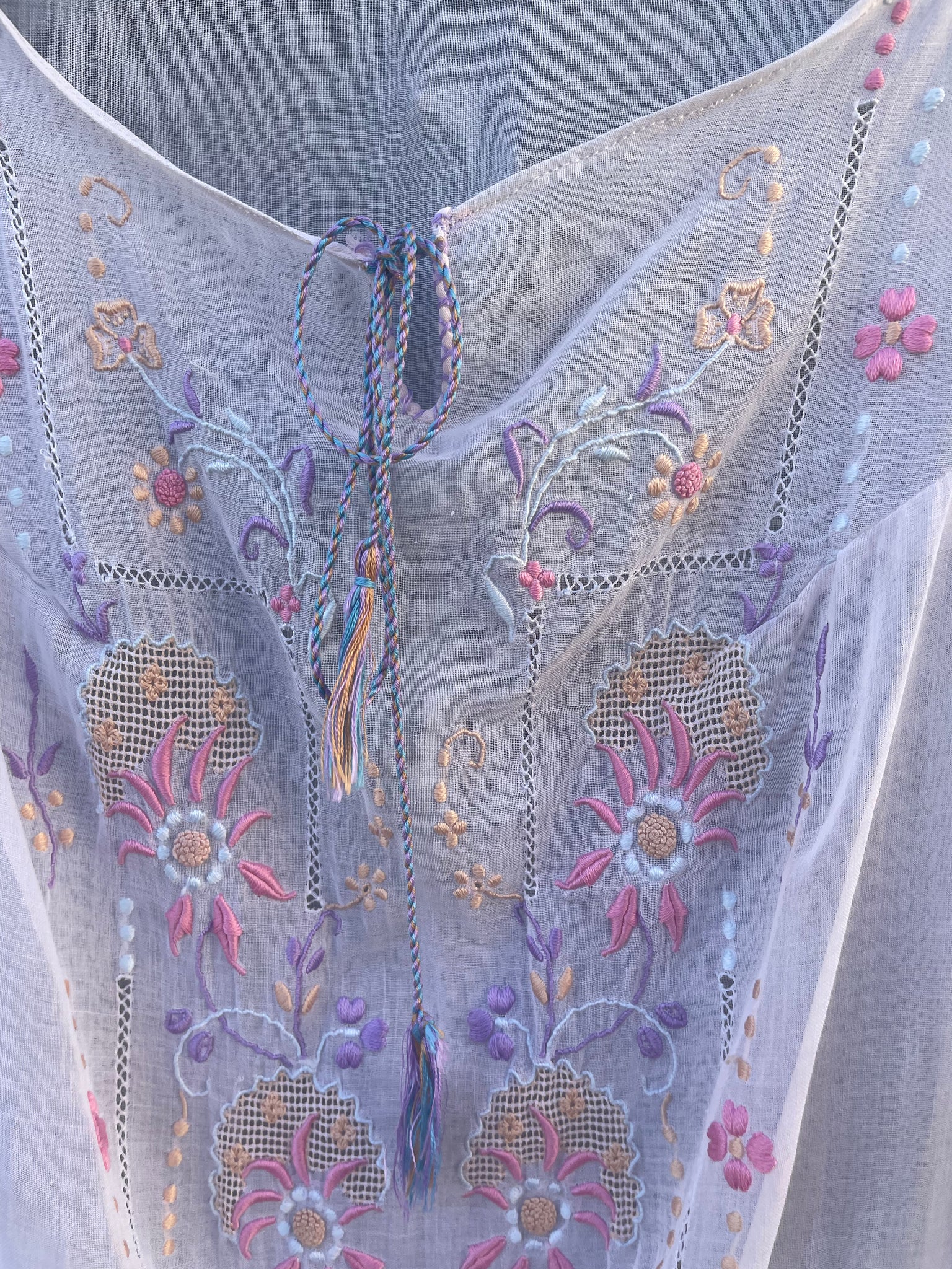 1920s Pastel Embroidered Hungarian Hand Smocked Sun Dress