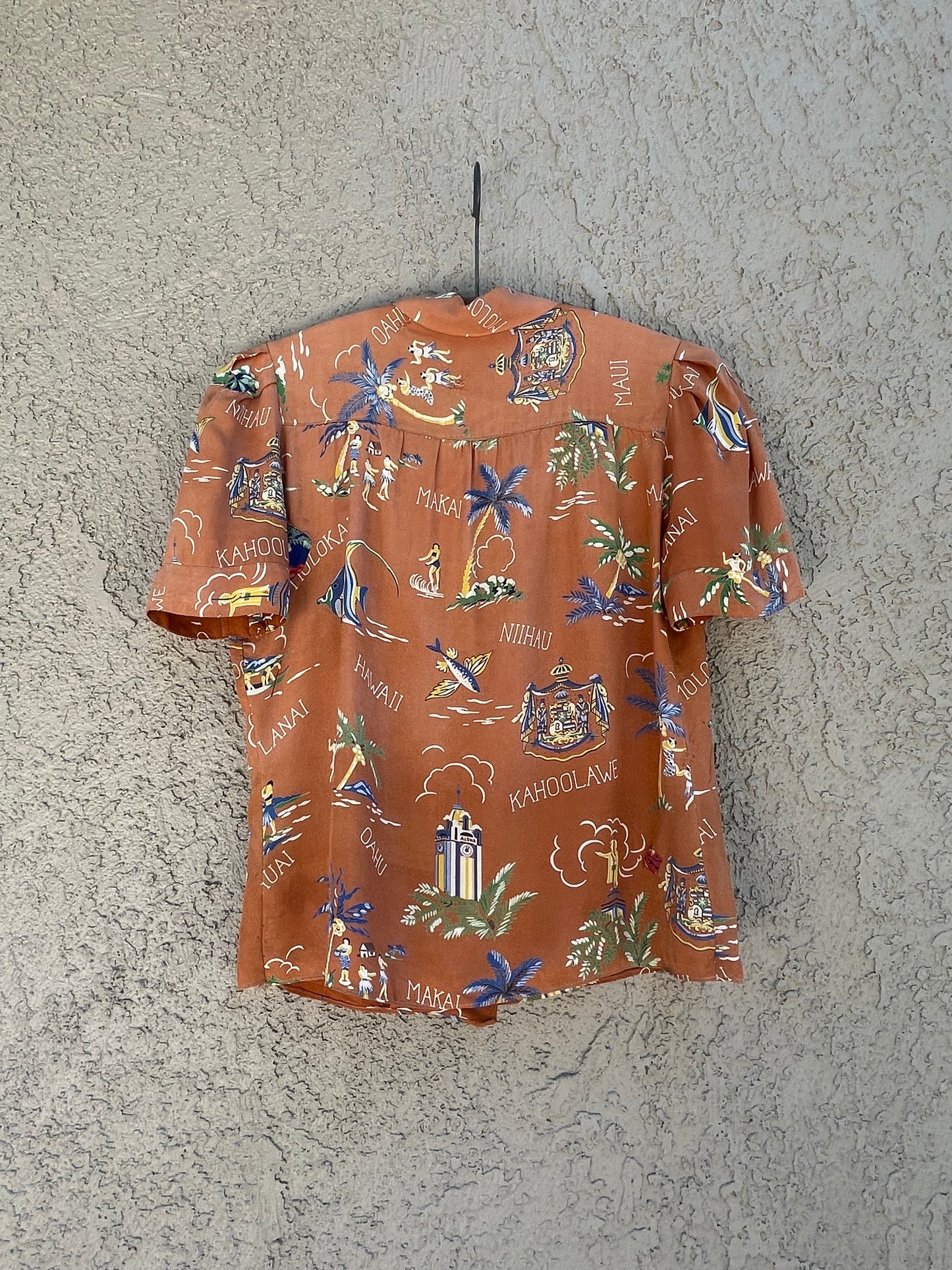 Rare Hawaiian Islands Cold Rayon Puff Sleeve Loop Collar Blouse