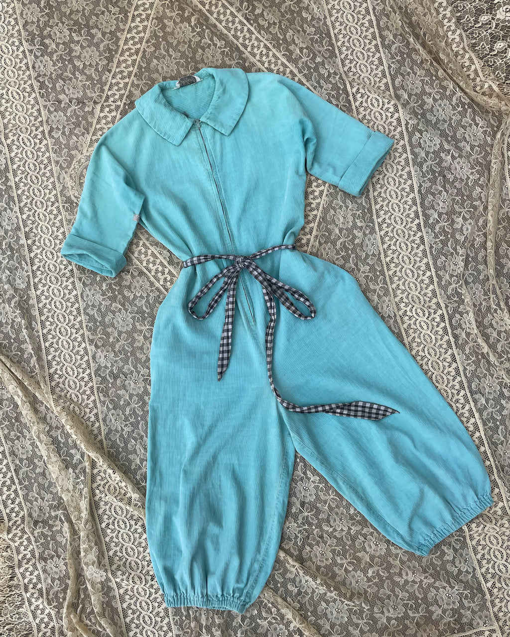 1950s ‘Fashioned By Flobér’ Zip Front Corduroy Electric Blue Jumpsuit