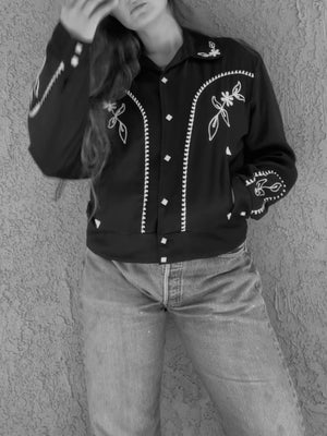 1950s MacMurray of California Western Rockabilly Embroidered Gabardine Fringe Trim Pearl Snap Jacket