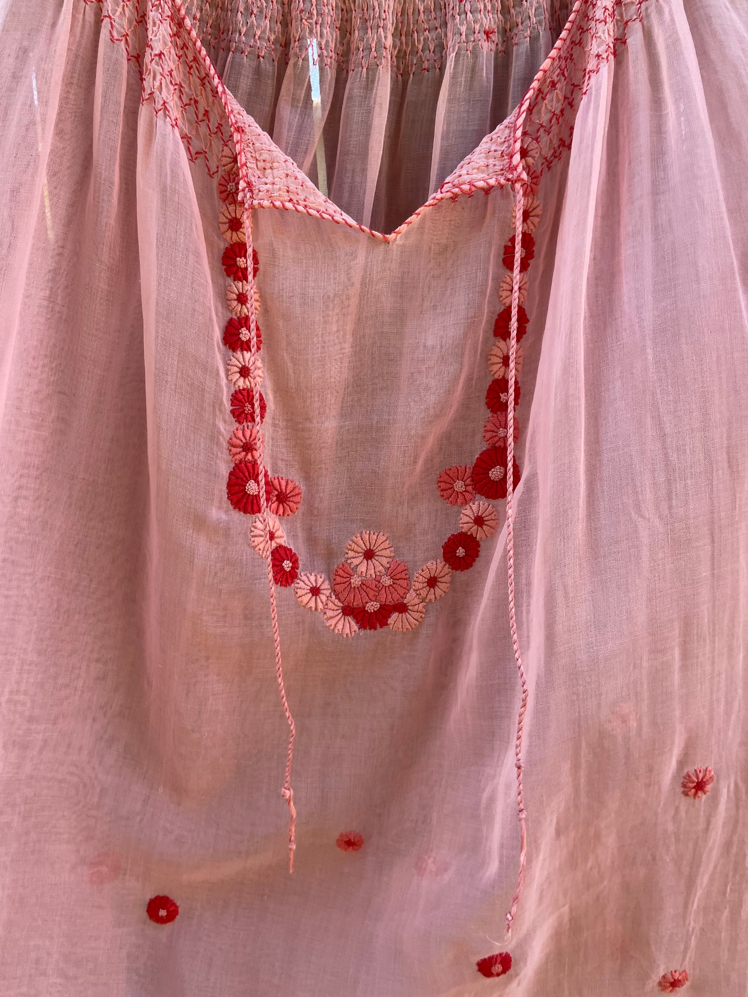 Antique Hungarian Peachy-Pink Embroidered Hand Smocked Tunic -Dress