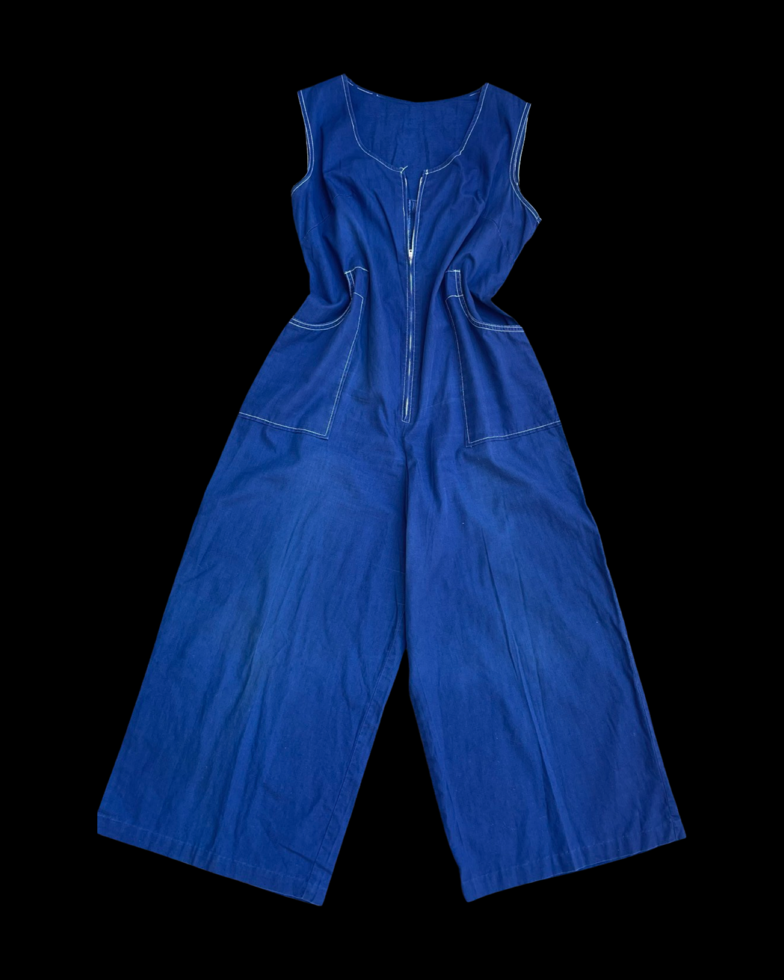 Late 1940s Indigo Cotton Zip Front Wide Leg Jumpsuit