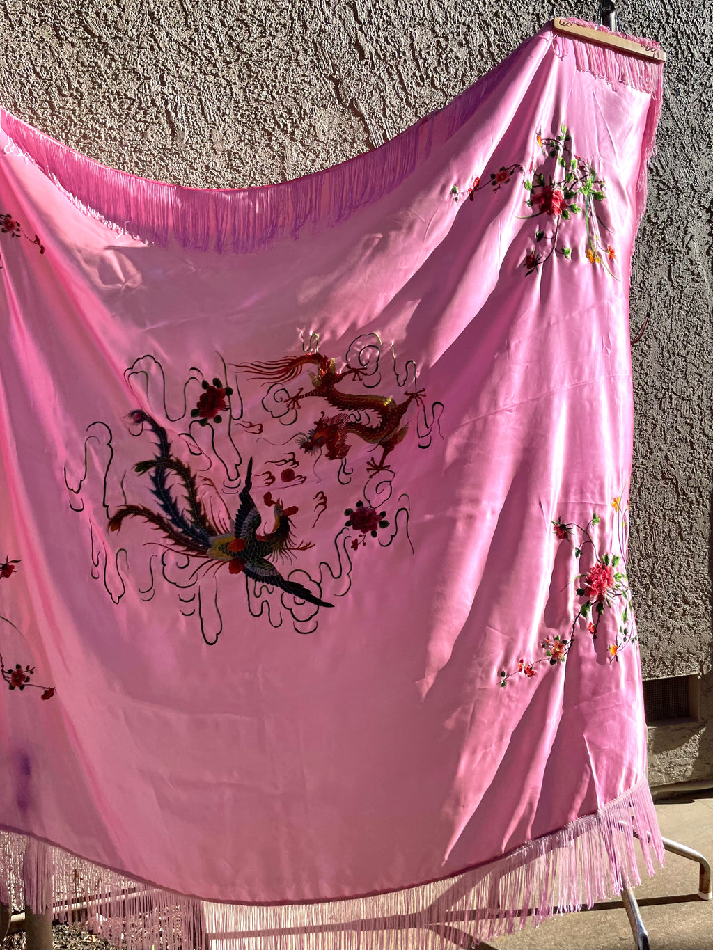 1940s Pepto Pink Chinese Loop Fringe Piano Shawl