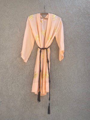 1940s Rayon Crepe Creamsicle Embroidered Kimono Style Tie Waist Robe