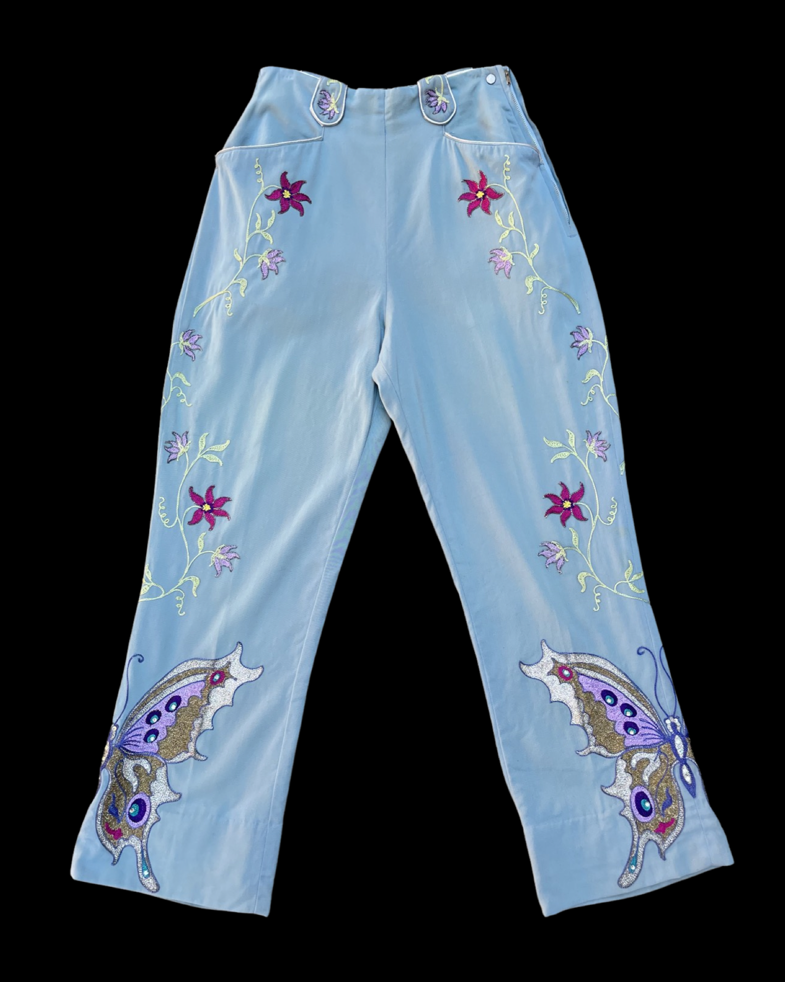 RARE 1940s-1950s Side Zip Slate Blue Western Butterfly Chain Stitched/ Rhinestone Pants