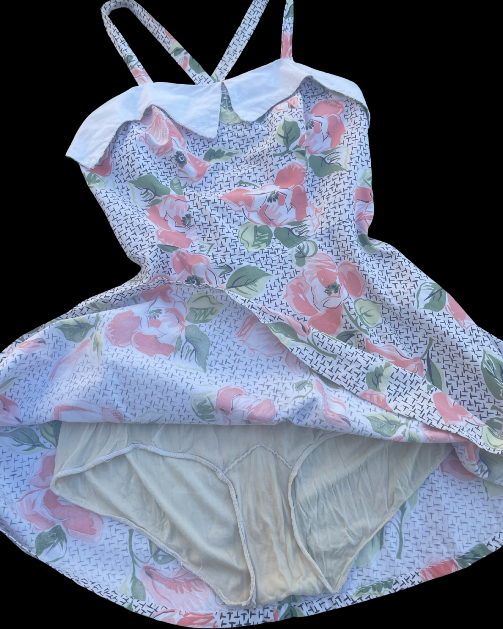 1940s Stylized Poppy Print Cotton Skirt Playsuit