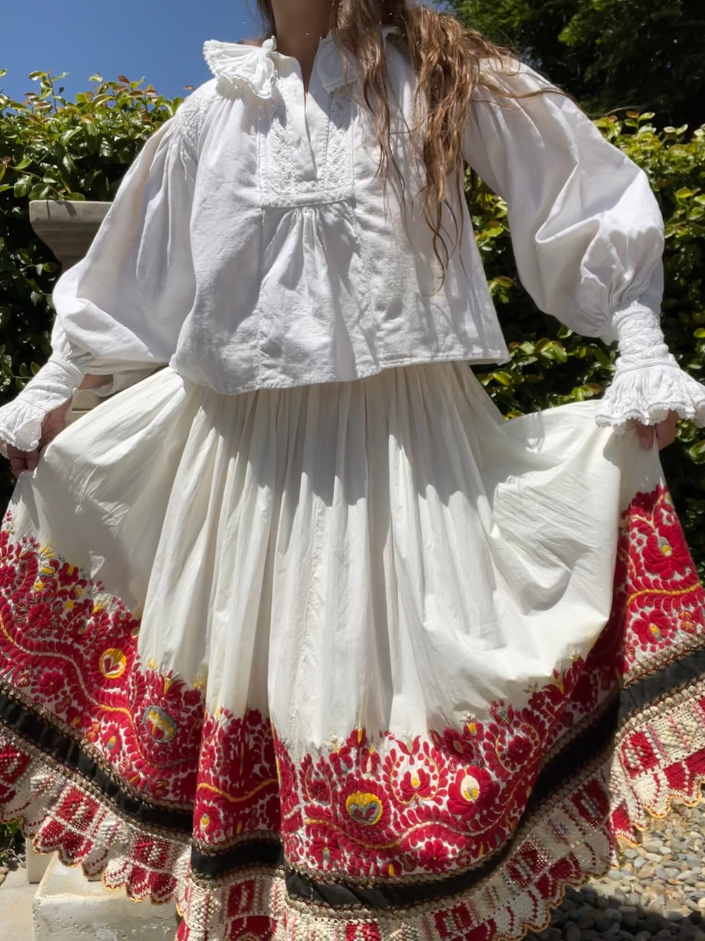 Antique Densely Embroidered Cotton Folk Skirt With Knit Border