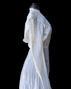 Victorian High Neck Cotton Lawn Lace Inset Dress