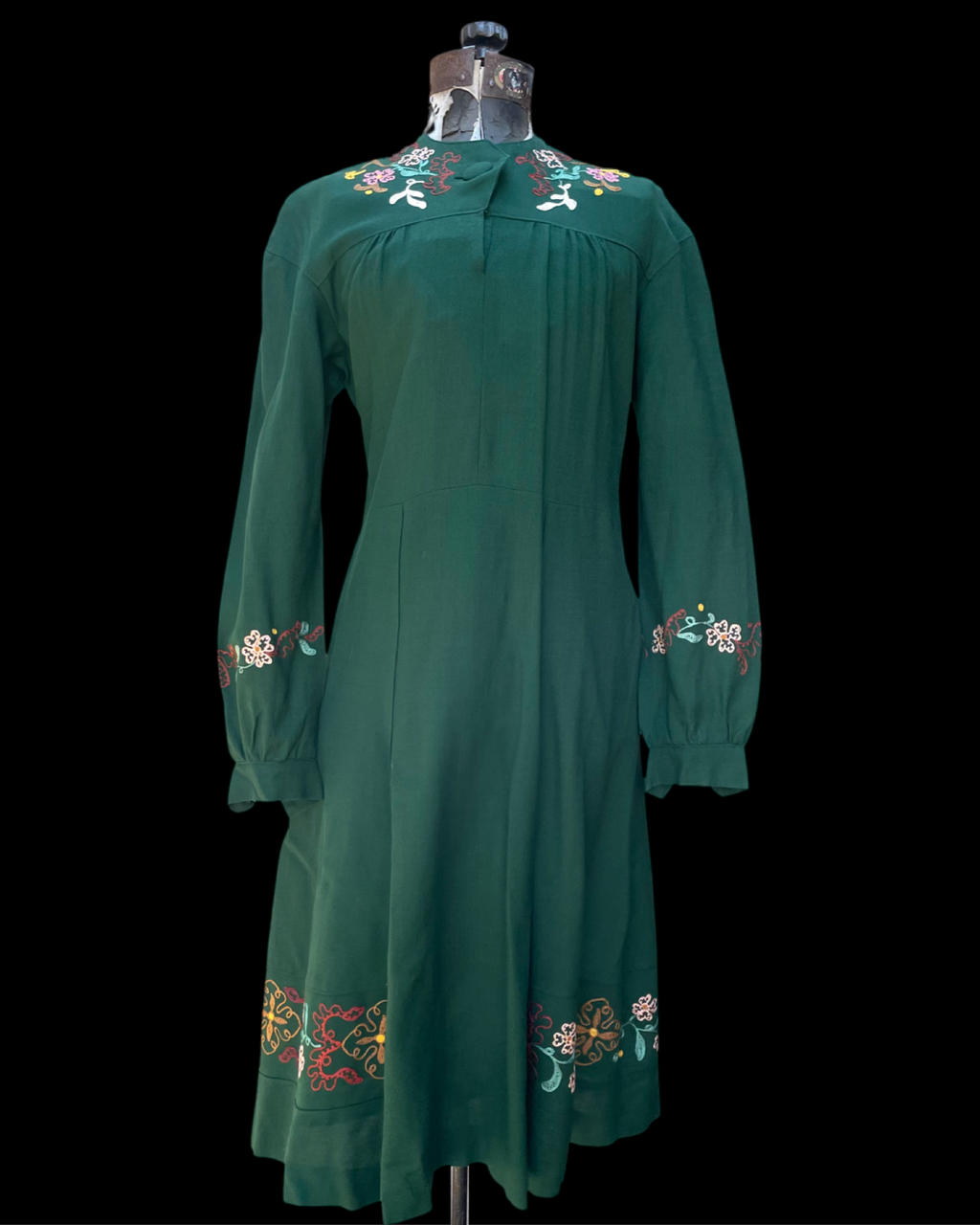 1940s Floral Embroidered Wool Folk Dress