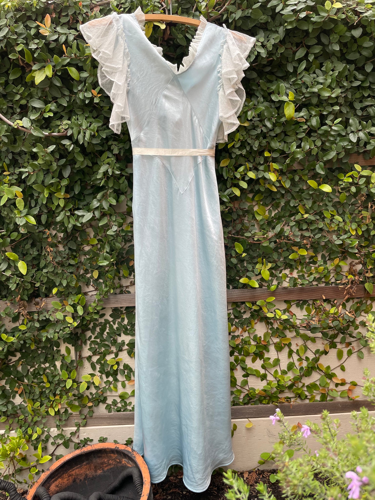 1930s Icey Blue Bias Cut Flutter Sleeve Satin Slip Dress