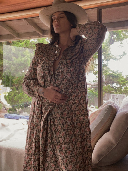 1890s Paisley Cotton Wrapper Dress