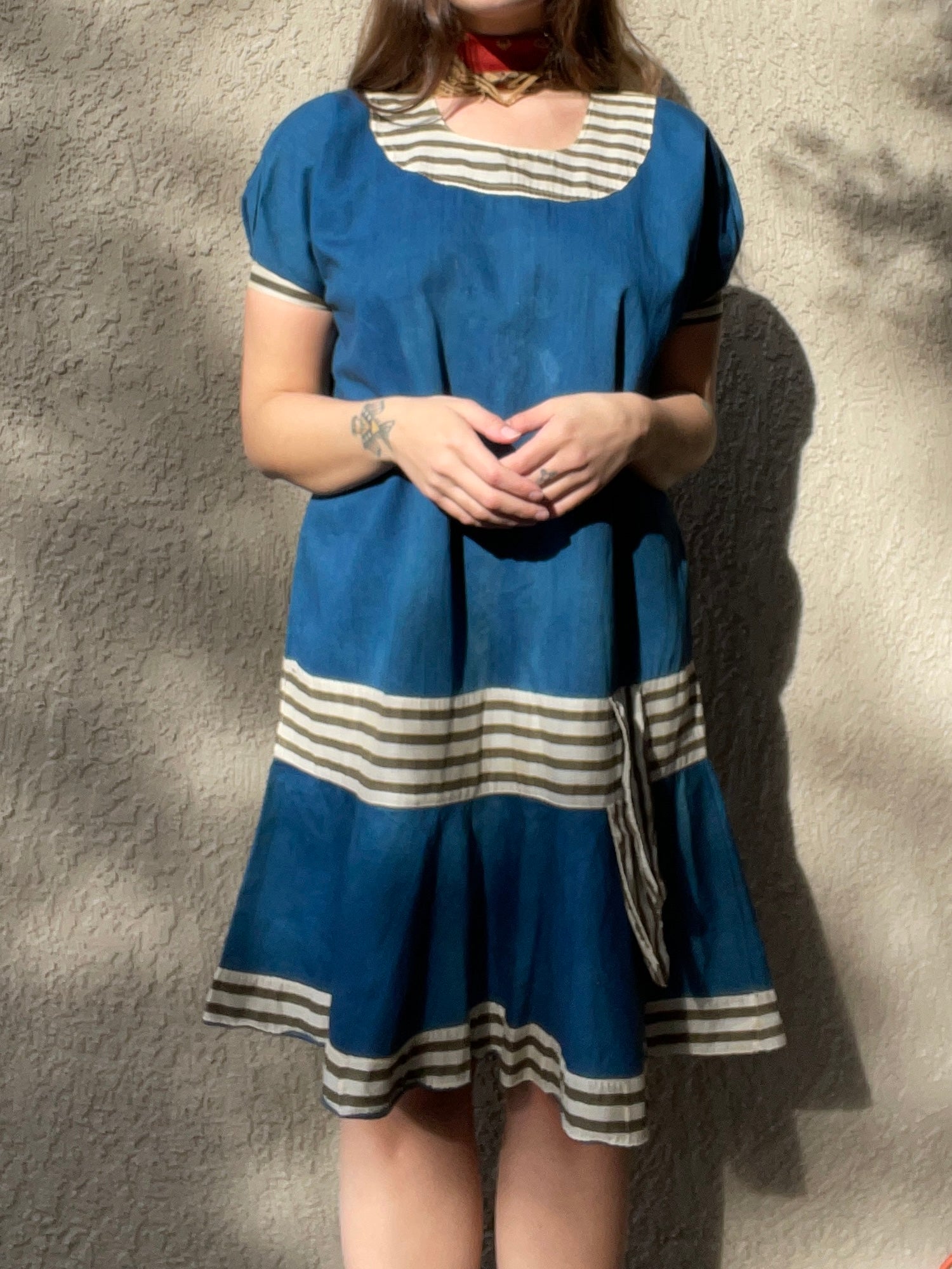 Antique Indigo & Stripe Cotton Bathing Suit Dress