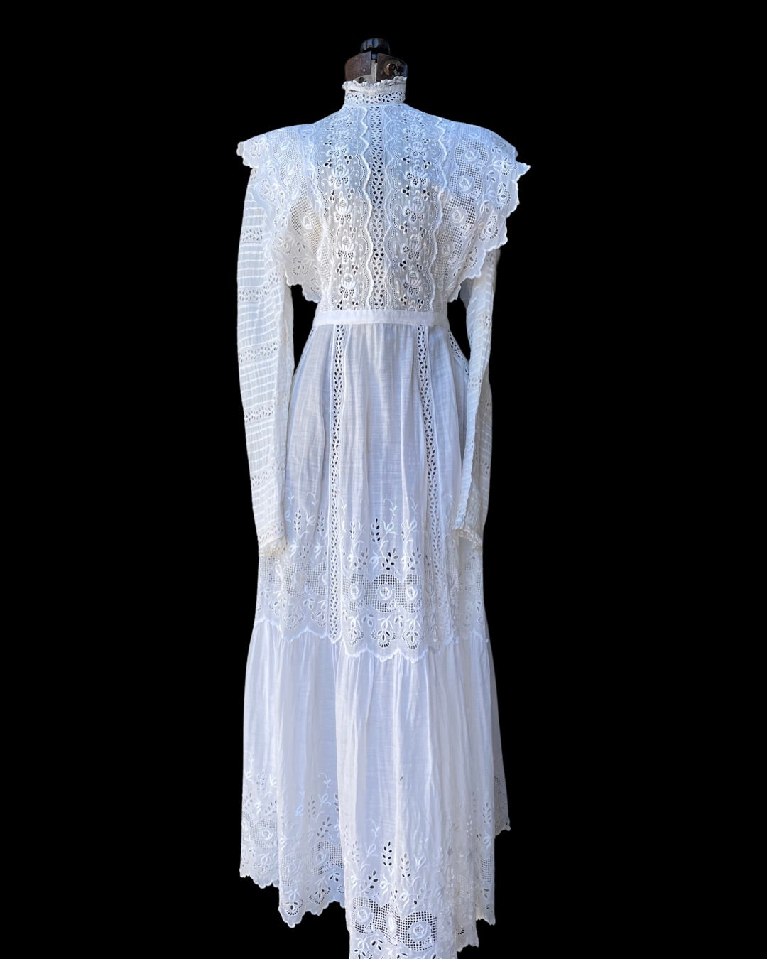 Victorian High Neck Cotton Lawn Lace Inset Dress