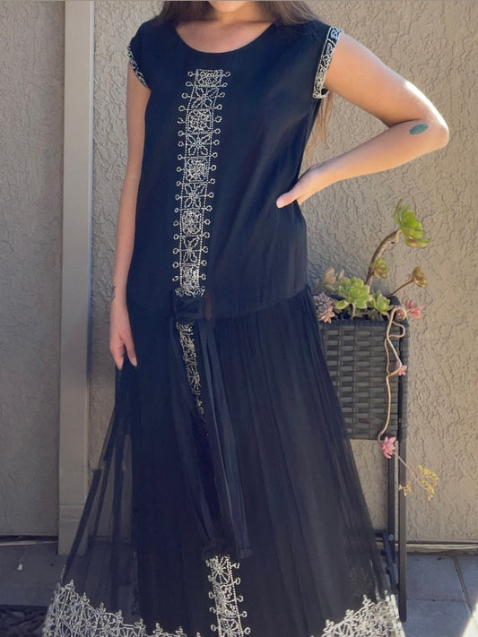 1920s Beaded Chiffon and Crepe Bow Dress