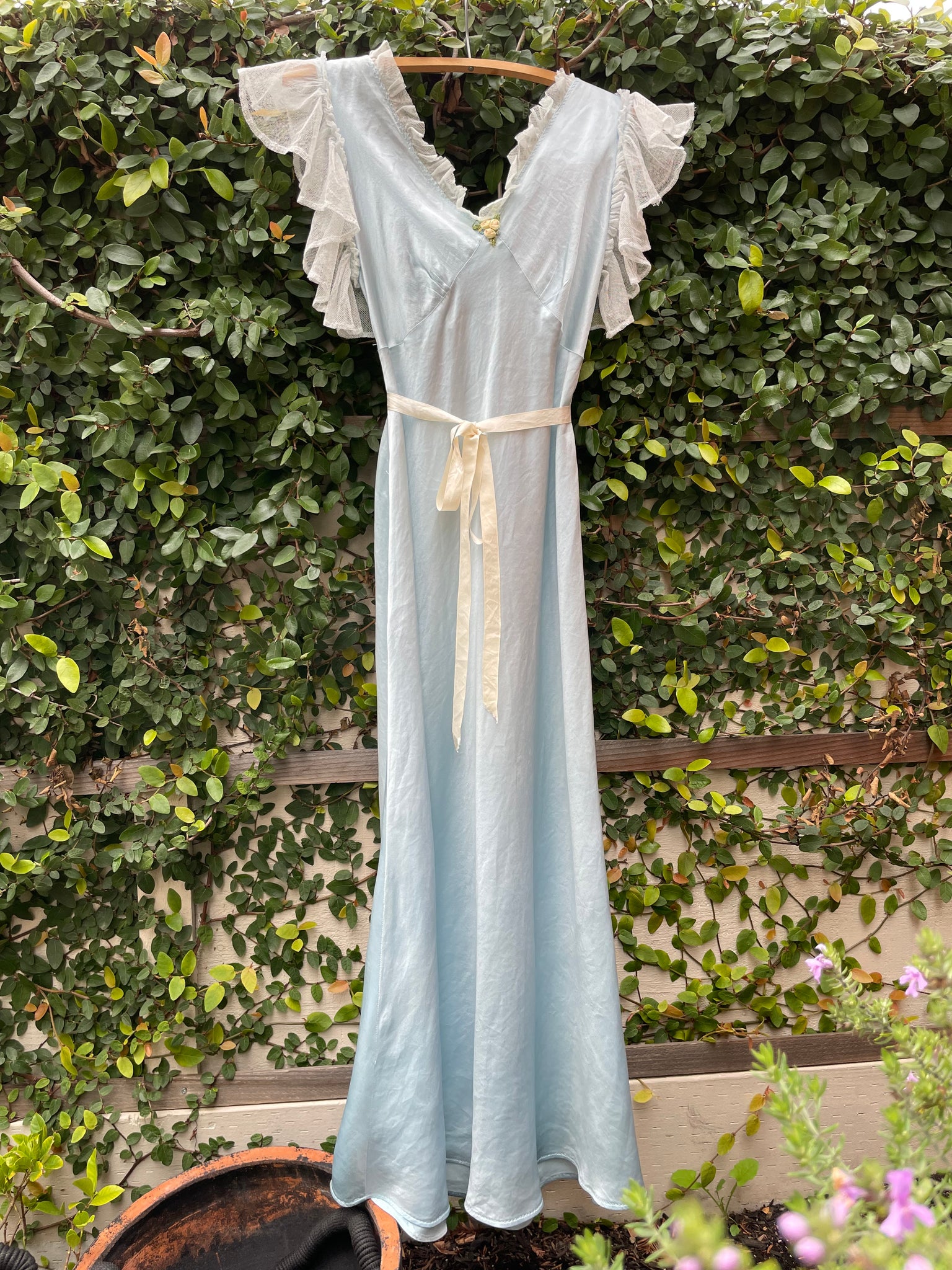 1930s Icey Blue Bias Cut Flutter Sleeve Satin Slip Dress