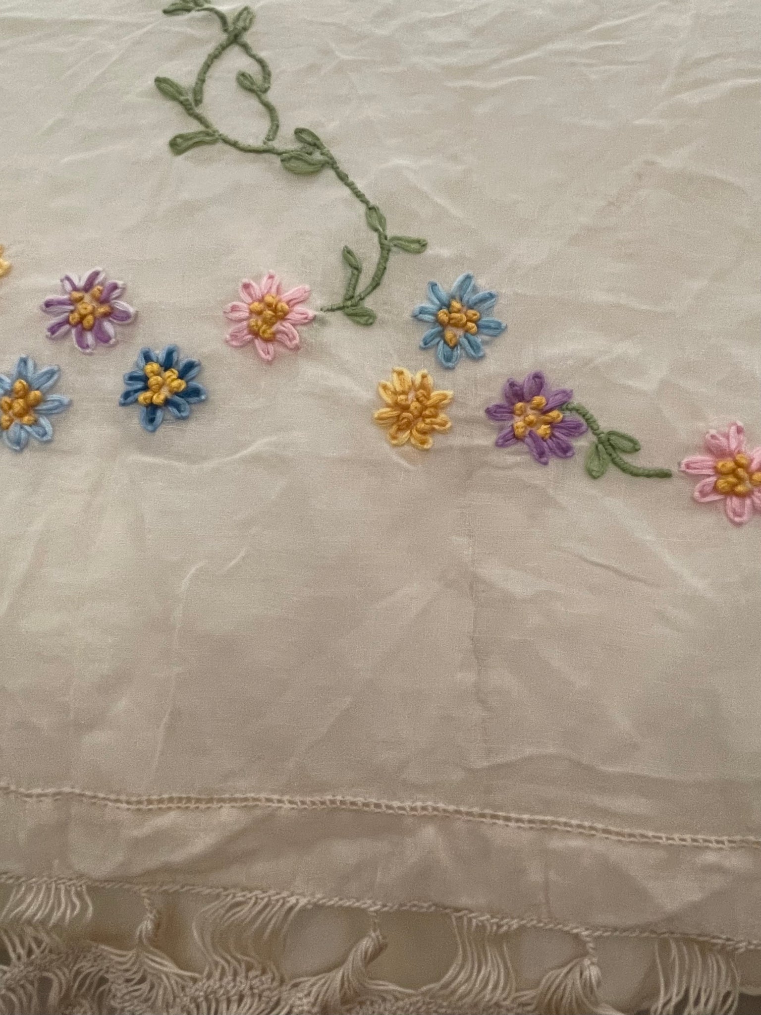 Antique 1900s Embroidered Flower Basket Bed Cover