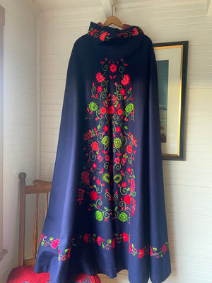 1940s Embroidered Hooded Wool Cape