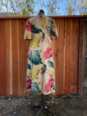 1930s Tropical Bark Cloth Puff Sleeve Midi Dress