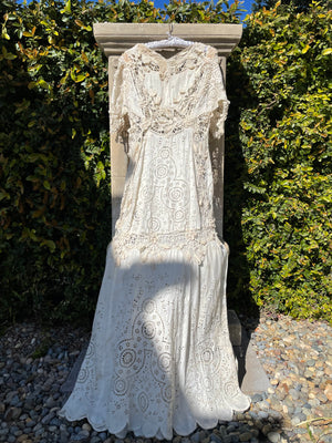 Antique Titanic Era Hand Sewn Eyelet Irish Lace Gown