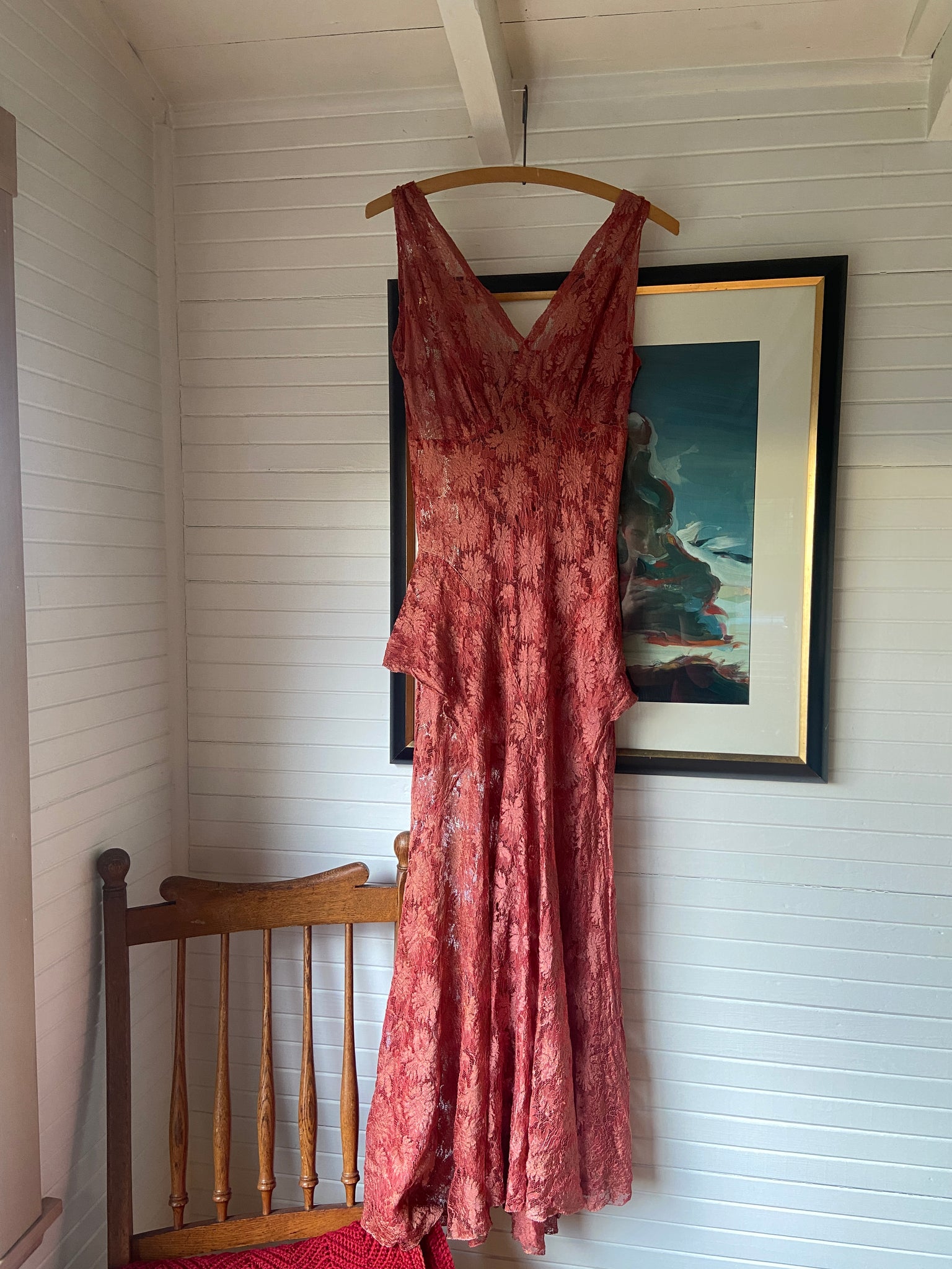 1930s Coral Bias Cut Lace Dress