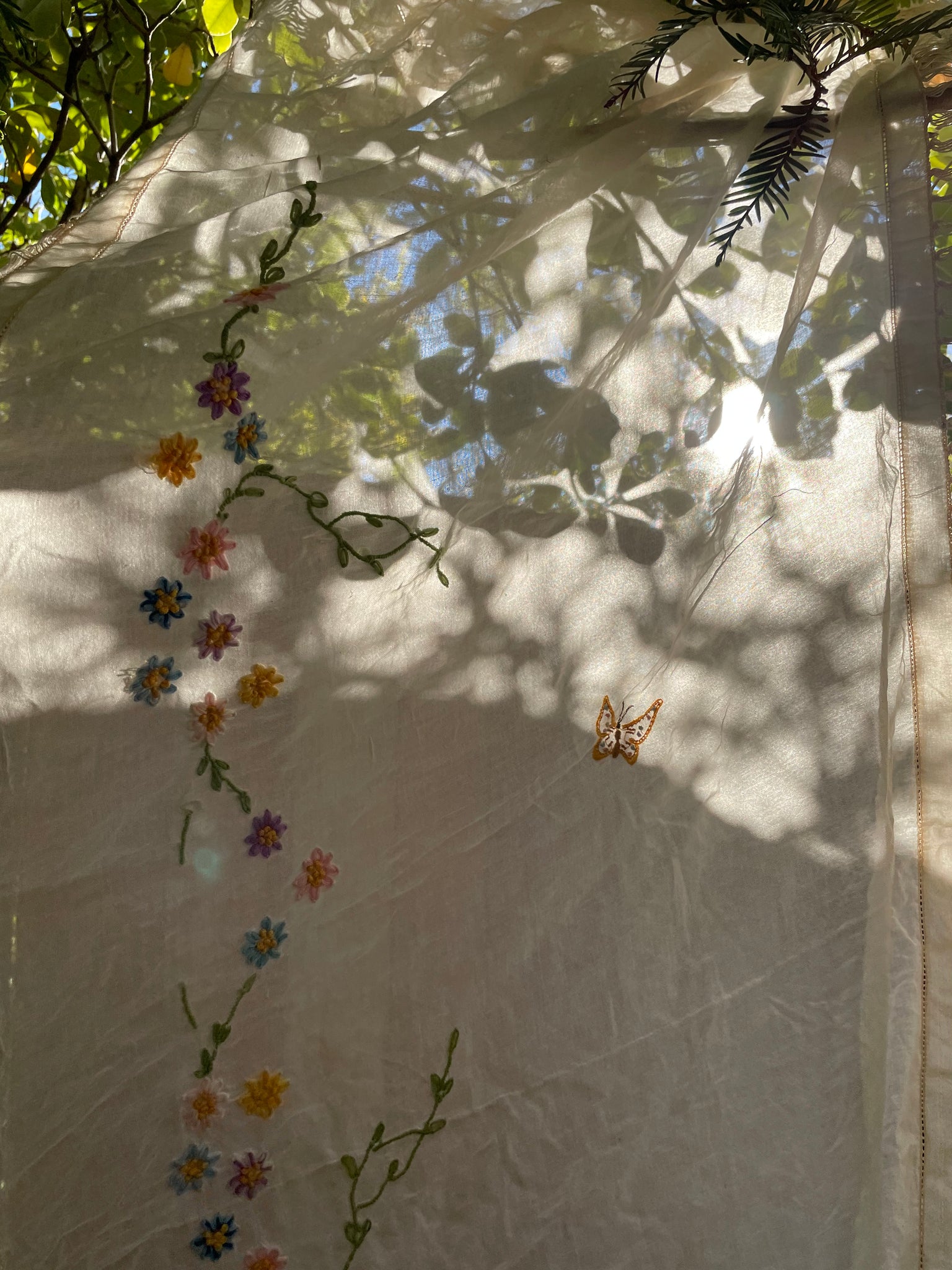 Antique 1900s Embroidered Flower Basket Bed Cover