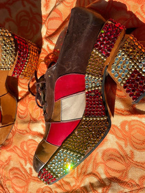 Rare Late 60s Early 70s Patchwork Leather Rhinestone Platforms