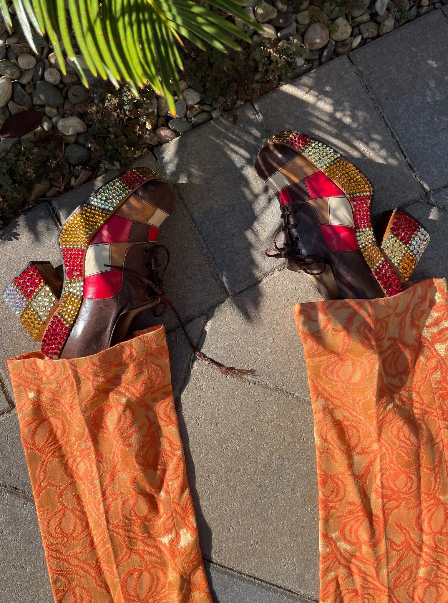 Rare Late 60s Early 70s Patchwork Leather Rhinestone Platforms