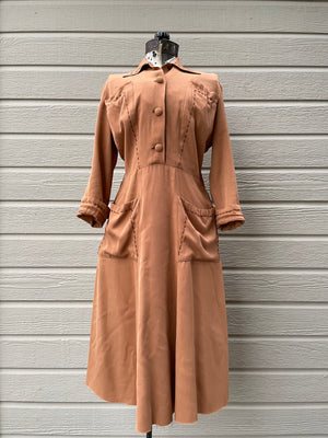 1940s Peach Western Gabardine Shirtdress