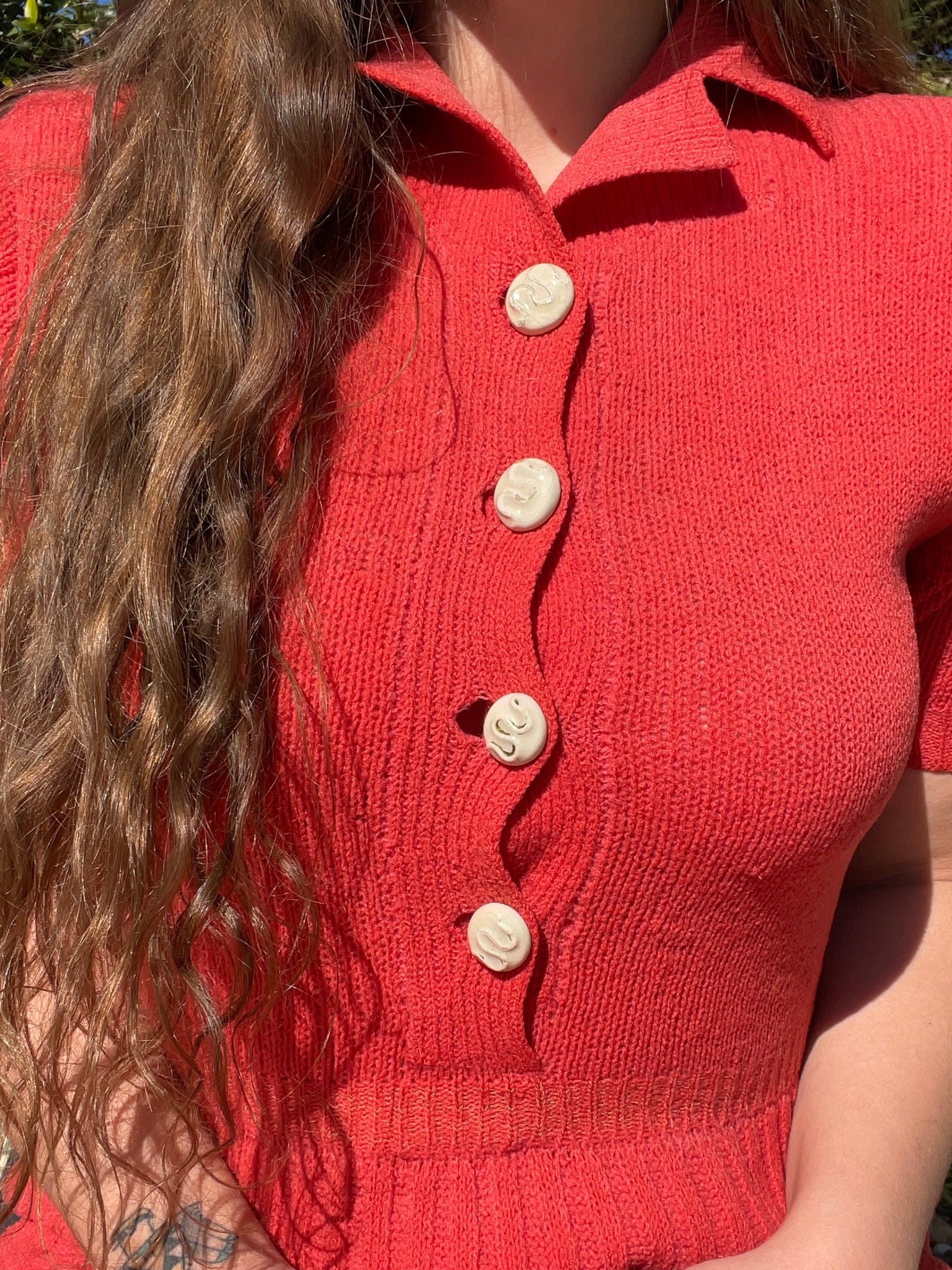 1930s Hand knit Wool Midi Dress Ceramic Snake Buttons