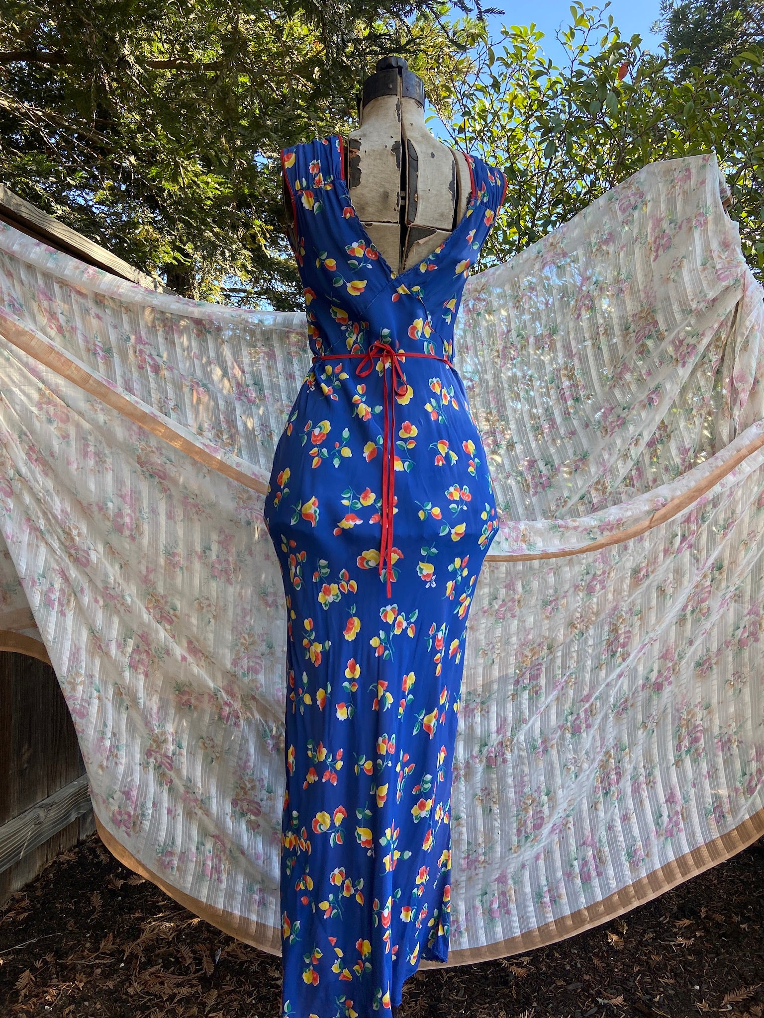 1930s Bias Cut Rayon Keyhole Floral Slip Dress