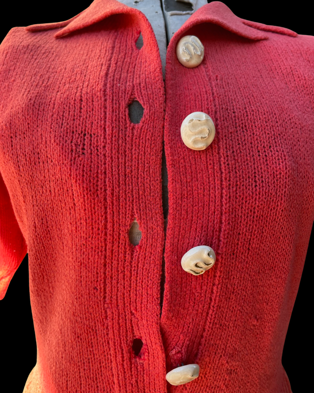 1930s Hand knit Wool Midi Dress Ceramic Snake Buttons
