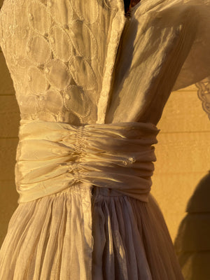 1940s Eyelet Organza Split Skirt Wedding Gown