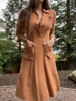 1940s Peach Western Gabardine Shirtdress