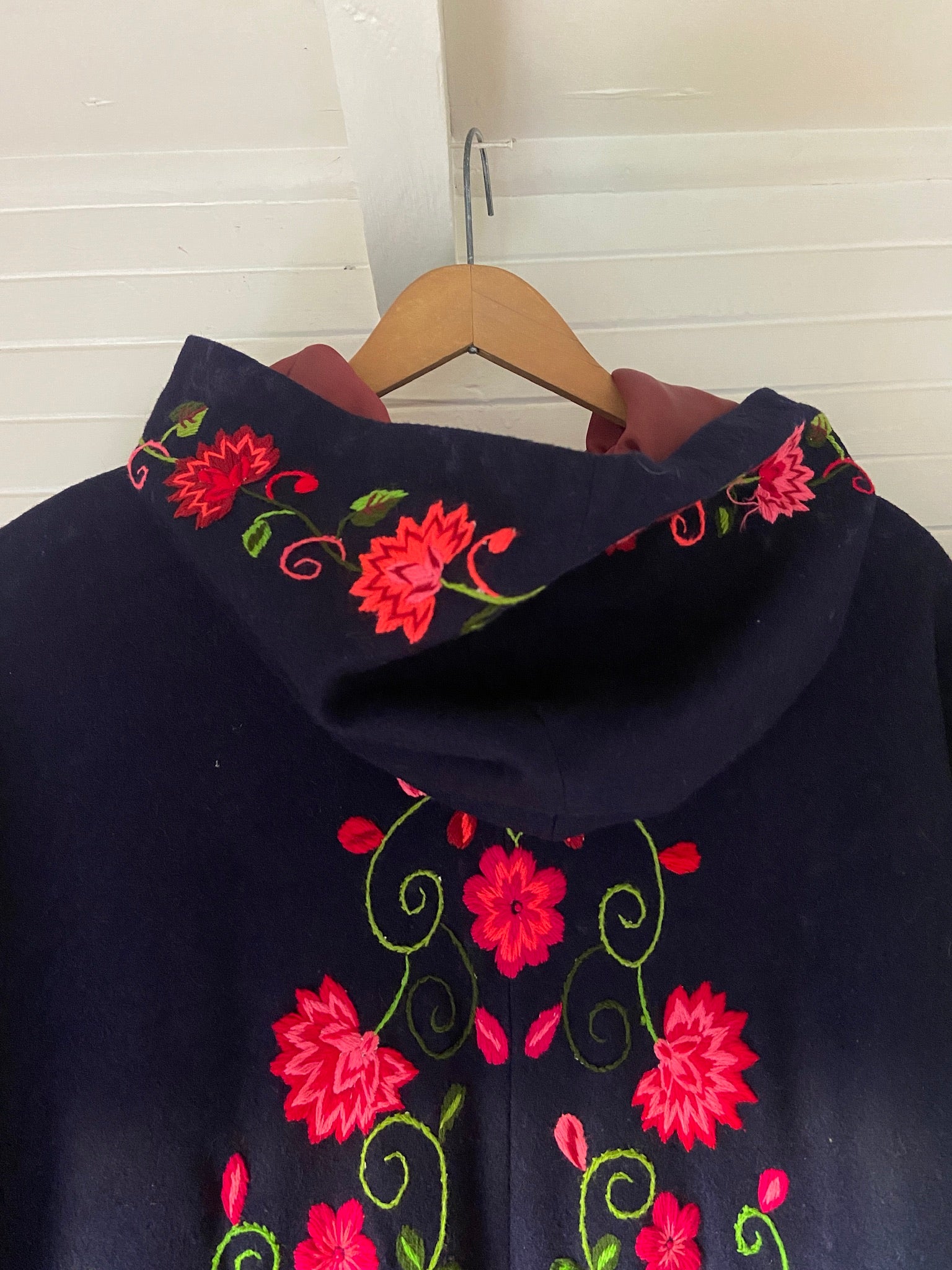 1940s Embroidered Hooded Wool Cape