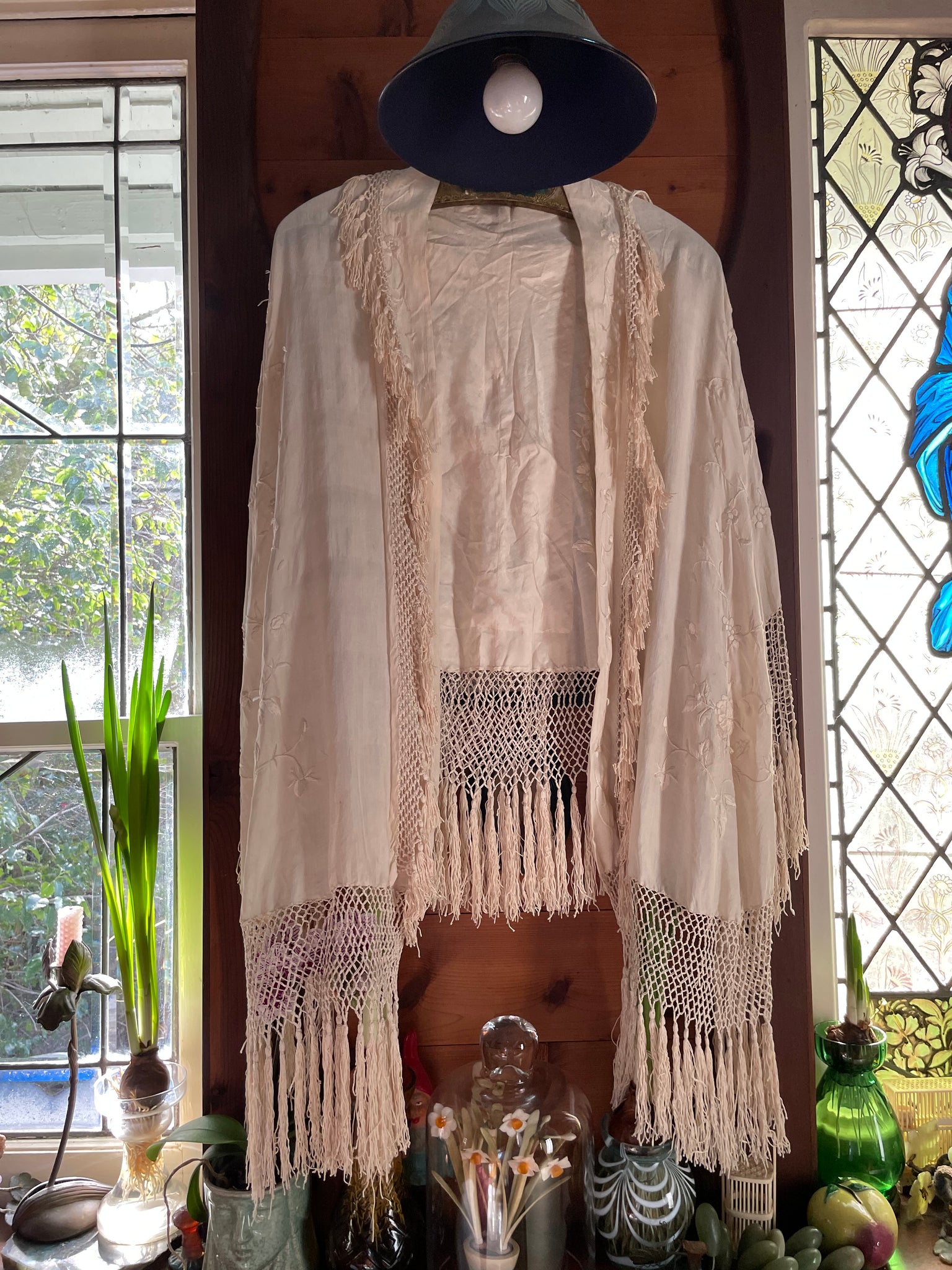 Antique Embroidered Silk Knotted Fringe Shawl