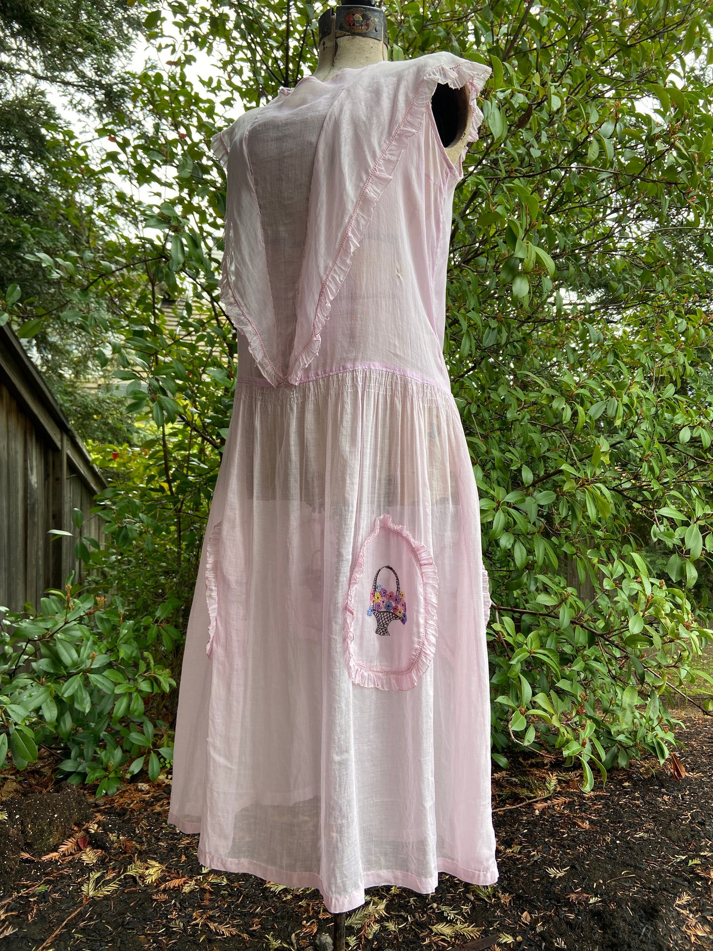 1920s Drop Waist Cotton Voile Flower Basket Dress