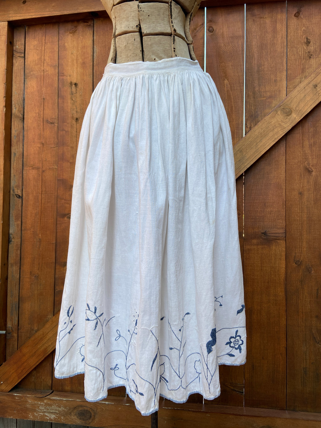 Antique Europen Linen and Cornflower Blue Floral Embroidered Skirt