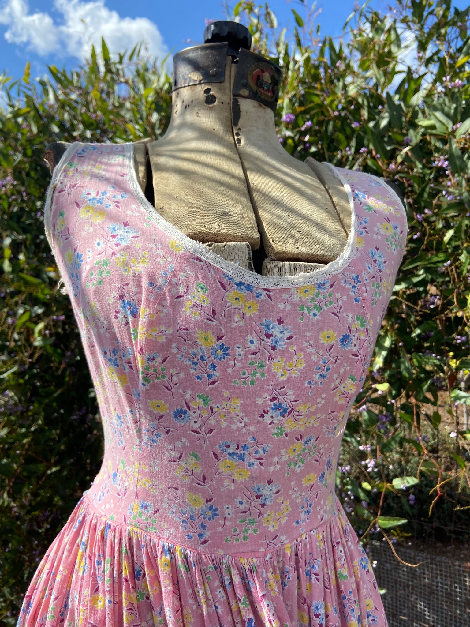 1930s Pepto-Pink Handmade Floral Feedsack Maxi Dress