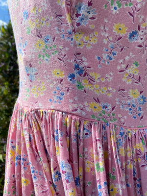 1930s Pepto-Pink Handmade Floral Feedsack Maxi Dress