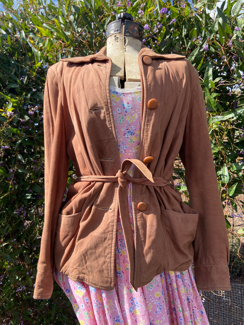 1940s Button Front Suede Tie Waist Jacket