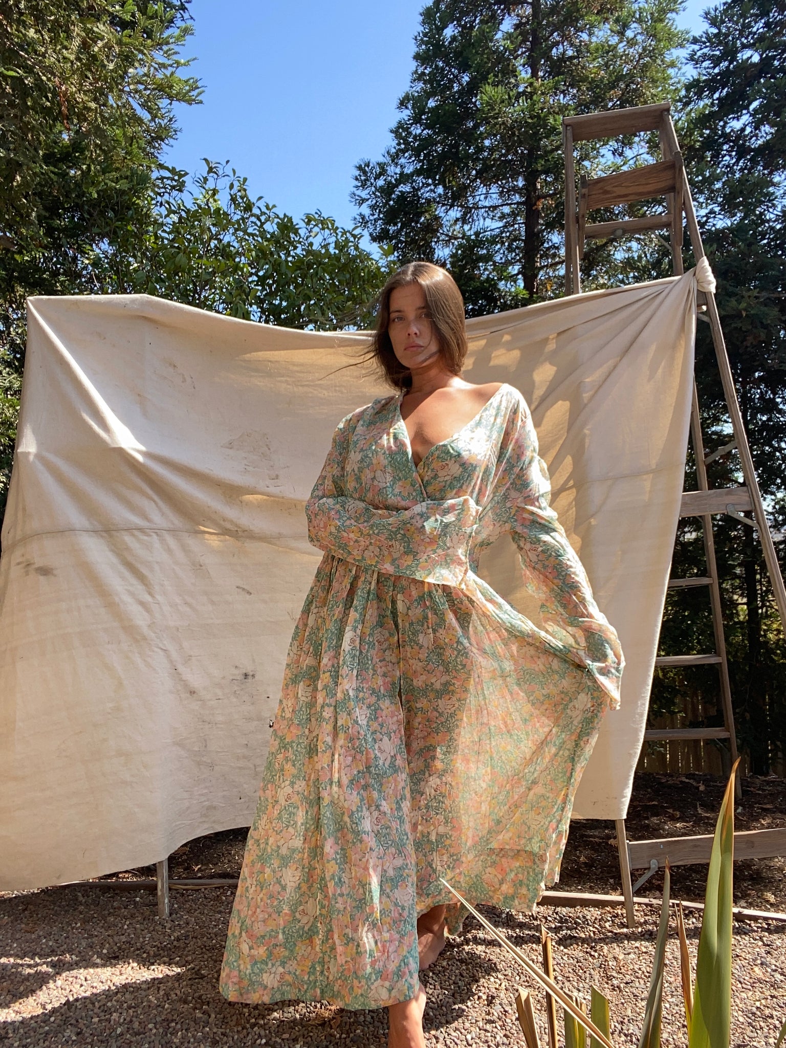 Handmade 1930s Watercolor Voile Bell Sleeve Dress