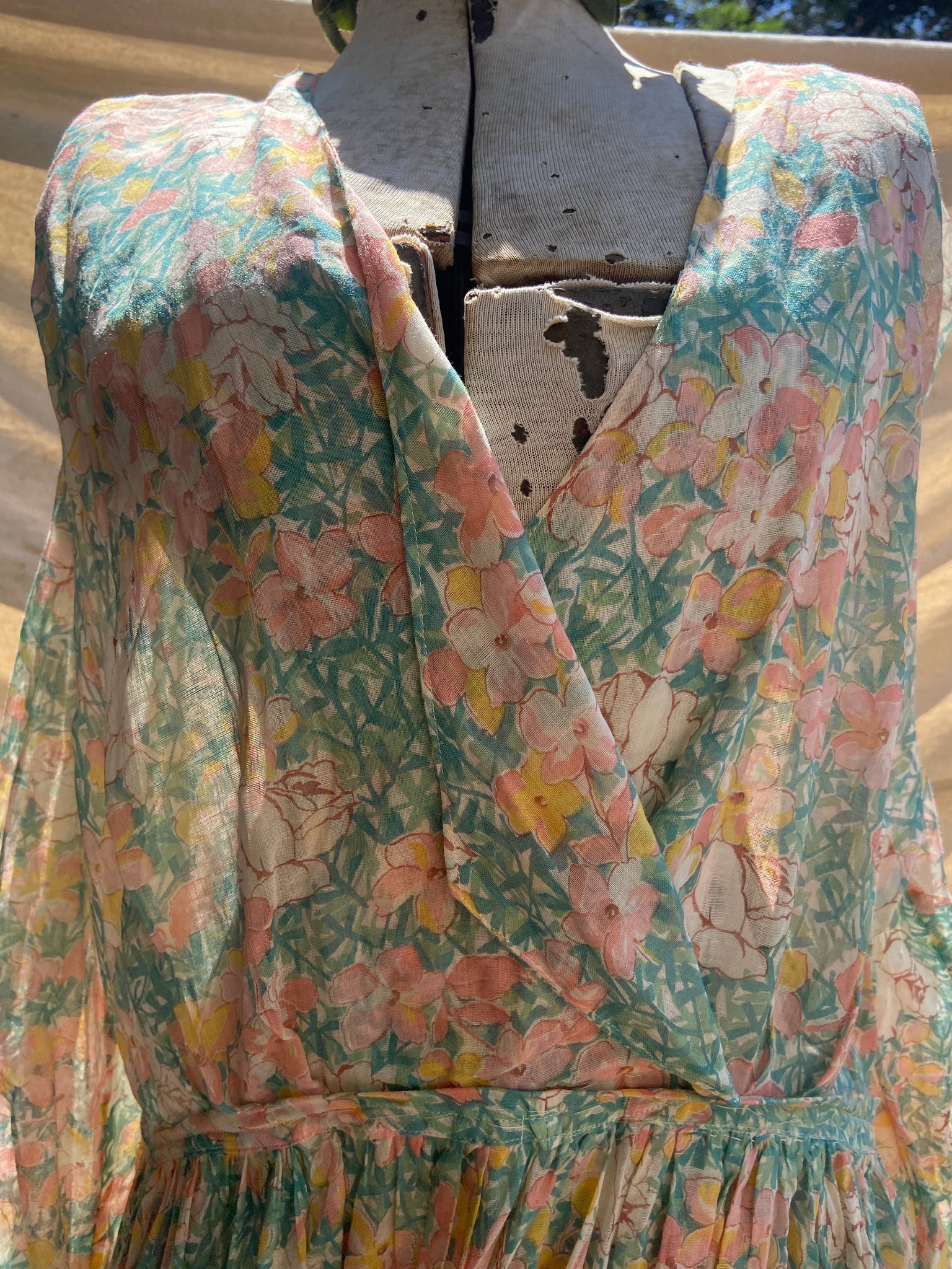 Handmade 1930s Watercolor Voile Bell Sleeve Dress